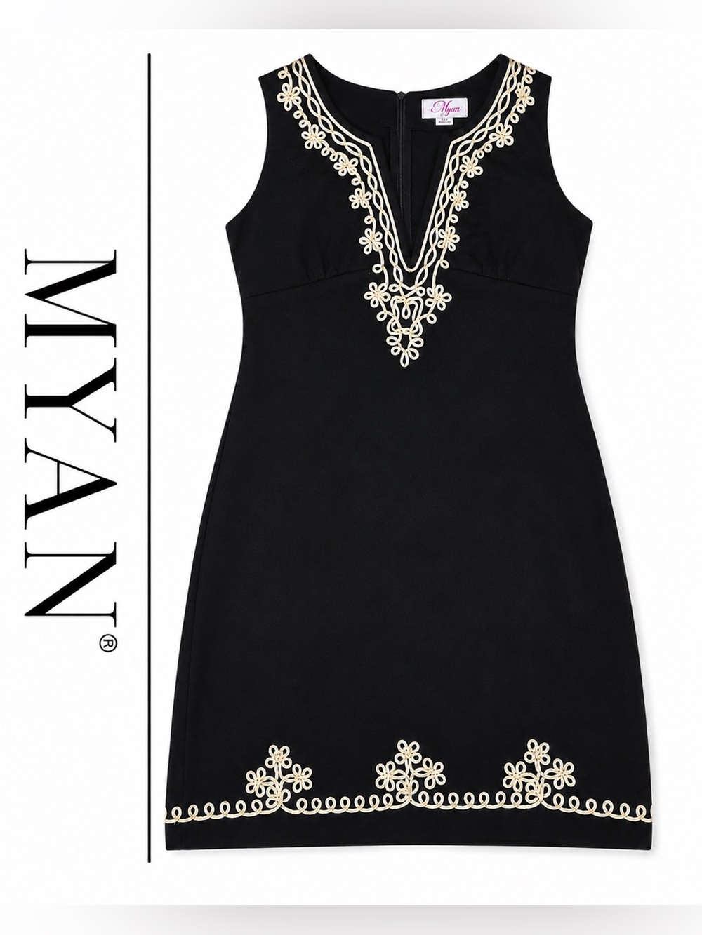 Myan Black Embroidered Shift Dress Sleeveless Boho Tunic Mini Medium F